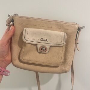 Coach Beige Two-Tone Leather Crossbody Bag Signature Turn-lock.